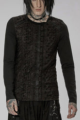 Black Punk Knitted Print Splicing Concave And Convex Webbing Decoration Long Sleeve Men's T-Shirt